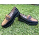 Mens Black and Tan Round Toe Slip On Loafer